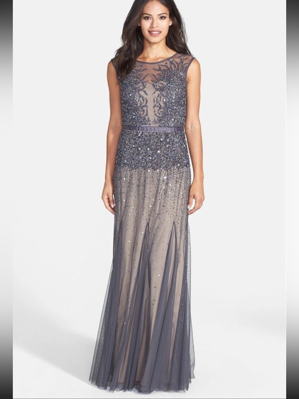 Adrianna Papell beaded mermaid mesh gown in graphite and taupe - Picture 6 of 15